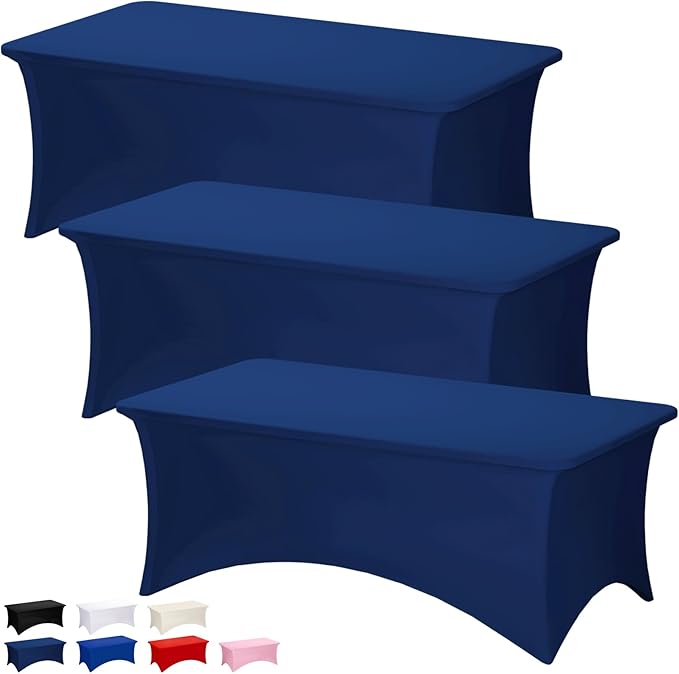 Fixwal 3 Pack Navy Blue Tablecloth Rectangle 8Ft, Stretch Spandex Fitted Table Cover for Party, Trade Show, Wedding, Buffet, Graduation, Vendor Stand