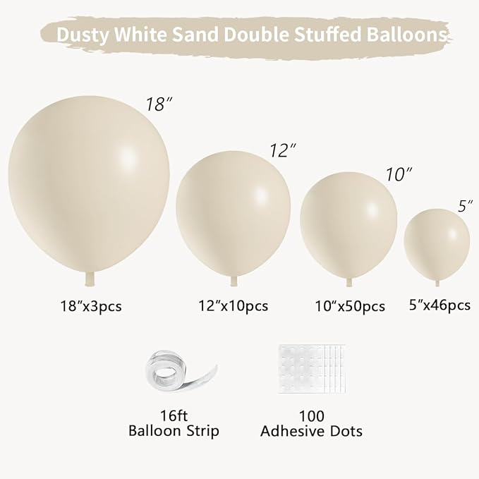 Double Stuffed White Sand balloons Different Size 115Pcs 5/10/12/18 Inch Sand White Balloon Garland Arch kit for Birthday Wedding Baby Shower Bridal Shower Neutral Party Decorations