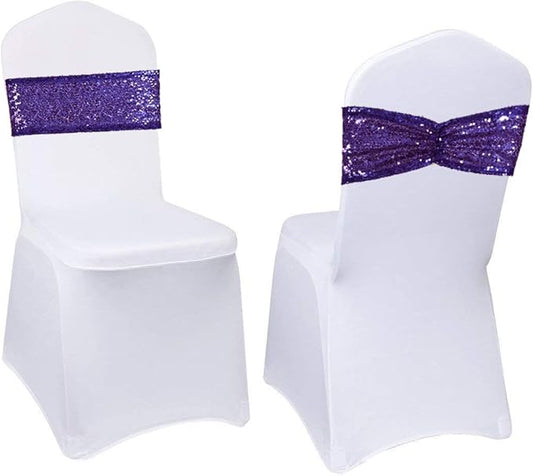Eternal Beauty Set of 20 Sequin Sashes Bow Purple Chair Sashes for Wedding Party Chairs Decorations