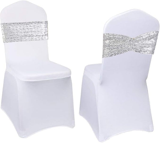 Eternal Beauty Set of 10 Sequin Silver Chair Sashes for Wedding Party Chair Cover Decorations