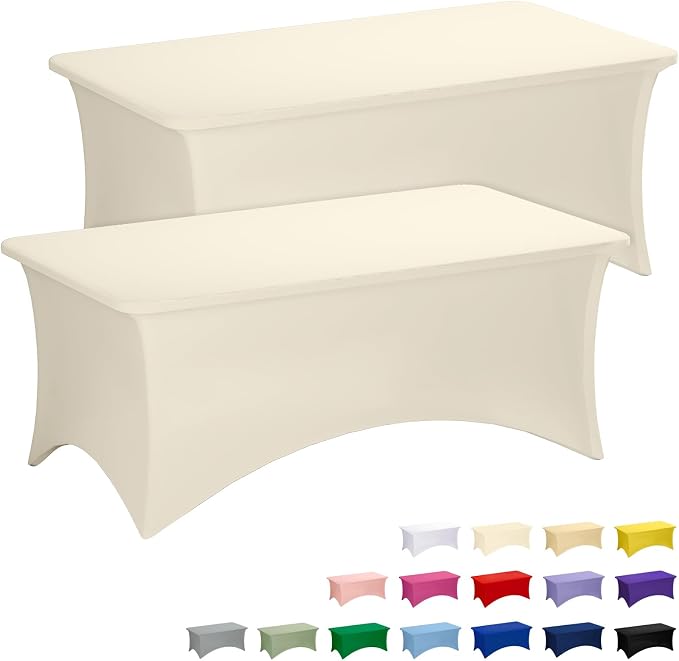Fixwal Ivory Stretch Table Cloth Rectangle 2 Pack 6Ft, Spandex Fitted Table Covers Washable for Party, Trade Show, Banquet, Wedding, Buffet