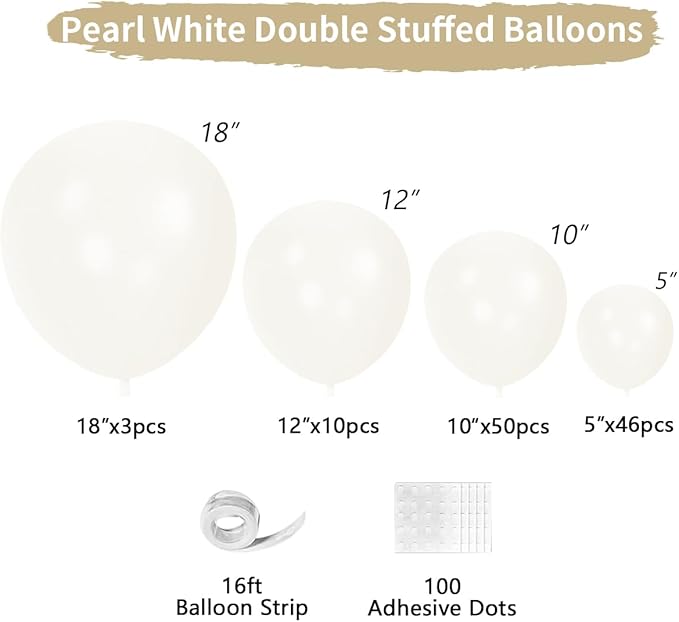 Double Stuffed White Balloons Different Size 115Pcs 5/10/12/18 Inch White Pearl Balloons Arch Garland Kit for Wedding Bridal Shower Birde to be Engagement Baby Shower Birthday Party