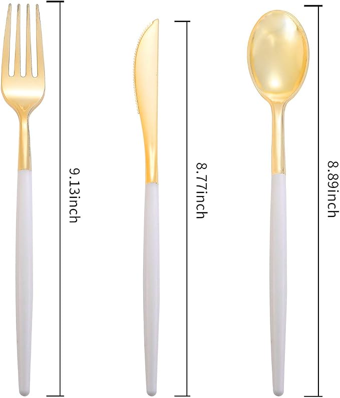 I00000 144Pcs Gold Plastic Silverware, Gold Plastic Utensils Set,Disposable Utensils Heavy Duty,Disposable Silverware Set Includes 48 Forks,48 Knives,48 Spoons for Wedding & Party