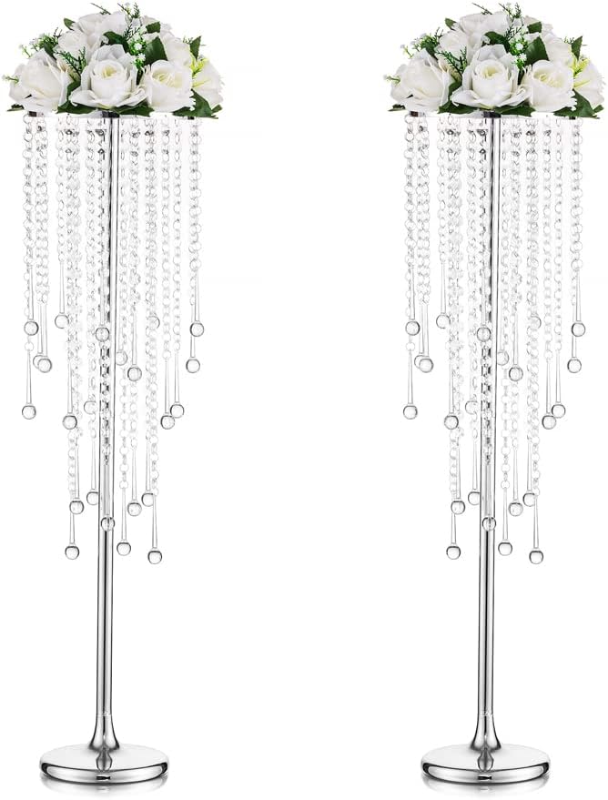 Silver Vases Wedding Centerpieces for Tables - 29.6" Tall Flower Vase with Chandelier Crystal, Centerpiece Table Decorations, Metal Flower Stand for Wedding, Reception, Party, Events, Home, 2 Pcs