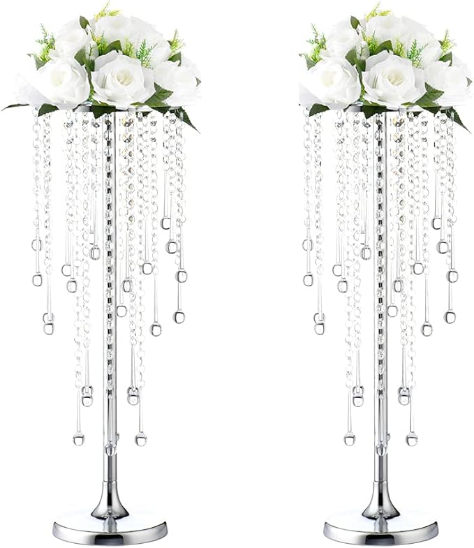 Bigsee 2 Pcs 21.65 inches Crystal Flower Stand Wedding Centerpieces for Tables, Tabletop Gold Metal Flower Arrangement Holder, Bulk Metal Vases for Reception Party Ceremony Decoration
