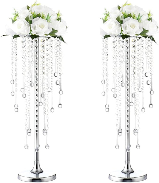 Bigsee 2 Pcs 21.65 inches Crystal Flower Stand Wedding Centerpieces for Tables, Tabletop Gold Metal Flower Arrangement Holder, Bulk Metal Vases for Reception Party Ceremony Decoration