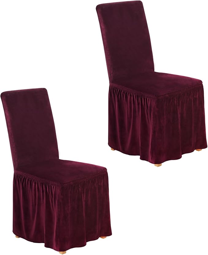 NICEEC Spandex Chair Covers for Dining Chairs Covers Set of 2 Removable Dining Room Chair Covers with Skirt Parson Chair Slipcovers Washable Chair Protector for Kitchen Wedding Party(Wine Red)