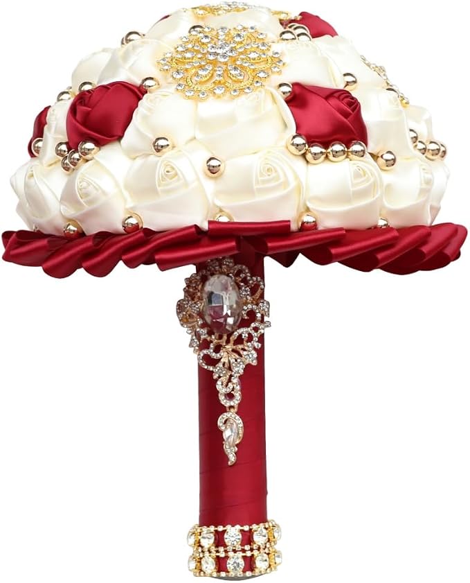 Bridal Wedding Bouquet Luxury Gold Rhinestone Brooch Bouquet for Bride Bridesmaid Quinceanera Artificial Satin Rose Flower Bouquet Wedding Burgundy and Ivory 9.5in
