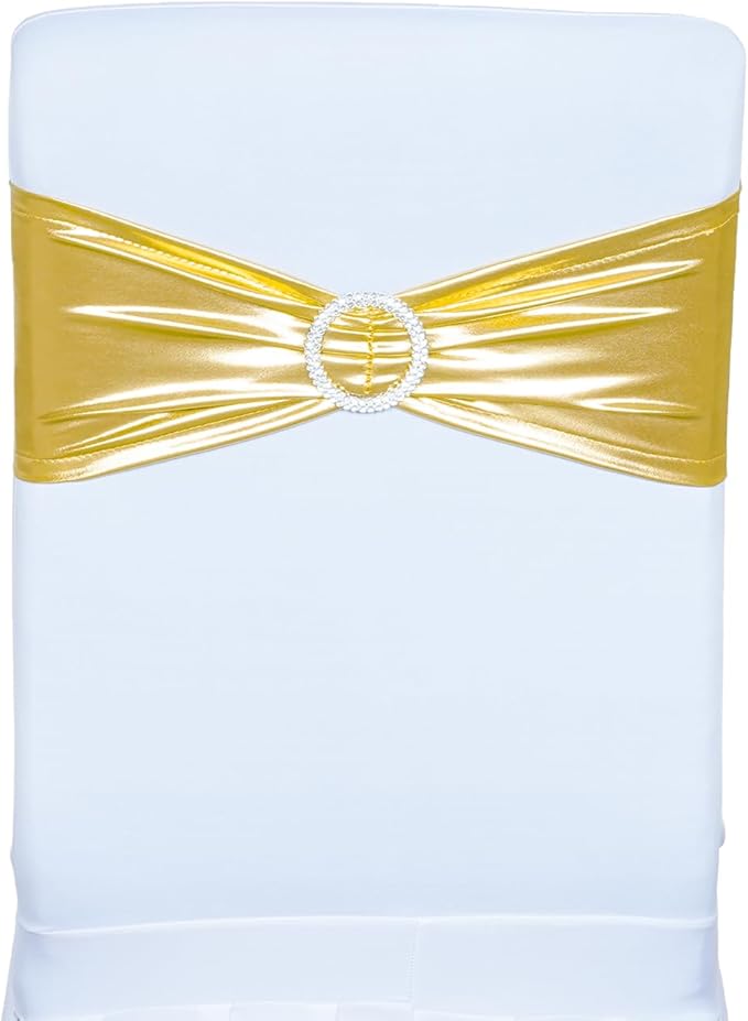 SquarePie 100 PCS Metallic Gold Spandex Chair Sashes - Shiny Stretch Bows with Buckle Slider - No-Tie Universal Elastic Chair Bands for Wedding Reception Party Banquet Event