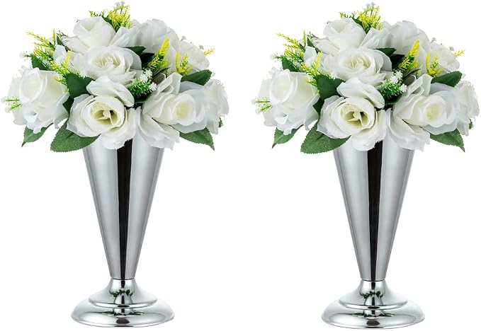 Silver Vase Centerpiece Table Decorations - 2 Pcs Metal Tabletop Flower Stand, Wedding Decorations for Reception, 9.8in Trumpet Tall Flower Vase for Birthday, Weddings, Anniversary, Home Decor