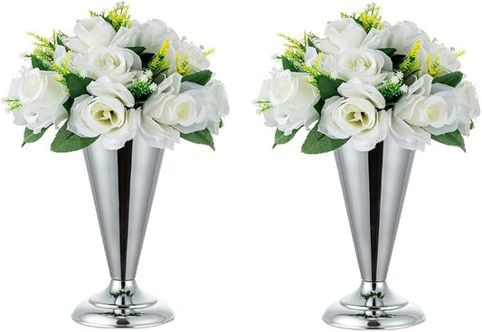 Silver Vase Centerpiece Table Decorations - 2 Pcs Metal Tabletop Flower Stand, Wedding Decorations for Reception, 9.8in Trumpet Tall Flower Vase for Birthday, Weddings, Anniversary, Home Decor
