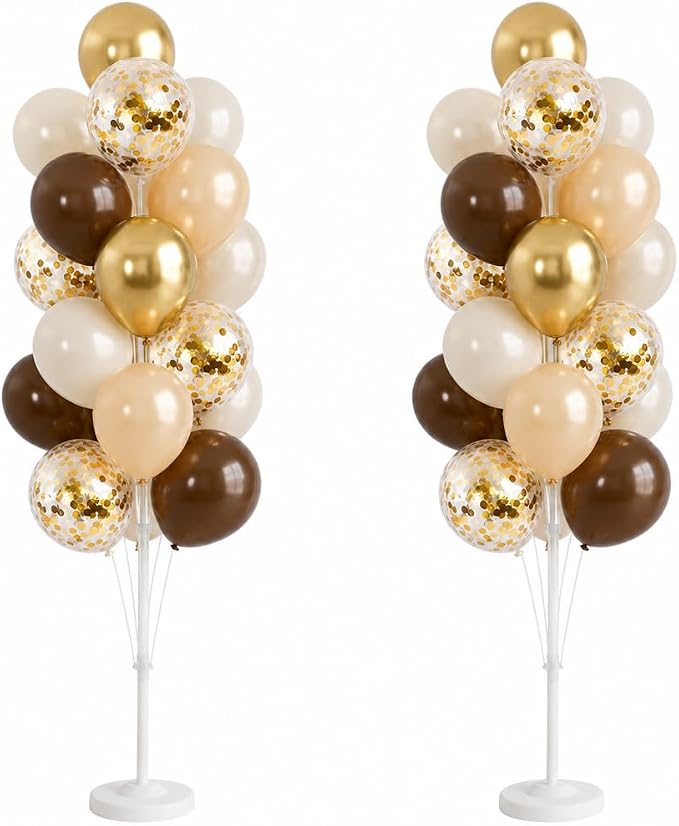 Hiins Balloon Column Kit Set of 2 With Balloons Included - with Base,Pole,Balloon Tower Backdrop Decoration for Wedding, Baby Shower,Birthday Party,Bachelorette Parties (3xCoffee Brown Gold)