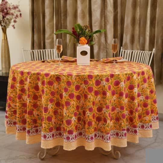 Ridhi Round Tablecloth Hand Block Print 100% Cotton Reusable Bubblegum Pink 132 Inch Table Cover Decorative Everyday Use for Dining, Home, Party, Wedding, Farmhouse Gift for Spring, Mother's Day