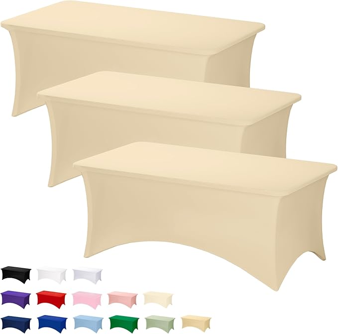 Fixwal 3 Pack Champagne Tablecloth Rectangle 6Ft, Stretch Spandex Fitted Table Cover for Party, Trade Show, Wedding, Buffet, Graduation, Vendor Stand