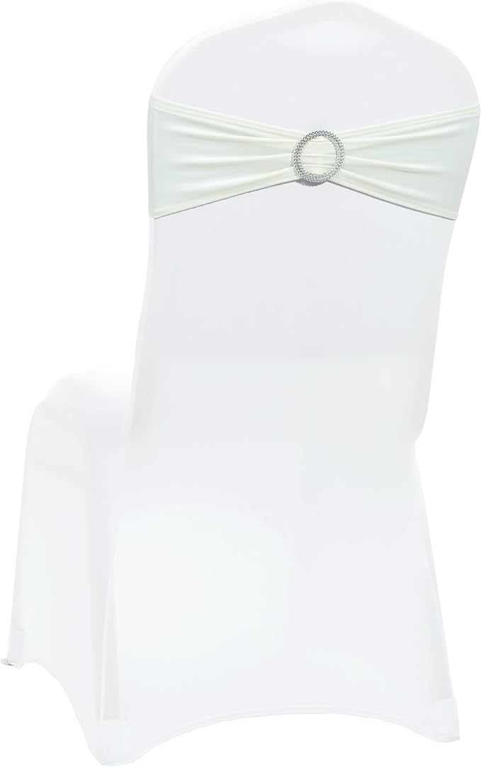 VDS - Ivory | Spandex Chair Sashes Bows | 100 PCS | Stretch Elastic Banquet Universal Folding Chair Band Tie with Silver Buckle Slider for Wedding Party Conference Celebration Event Decoration