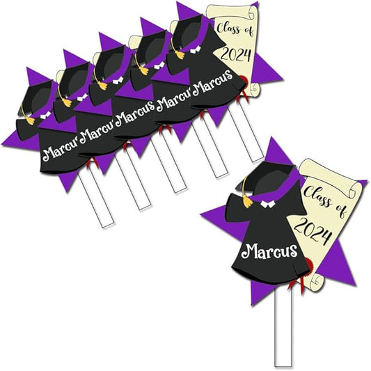 Graduation Class of 2024 Cupcake Toppers - Cap and Gown Purple Star - Student or School Party Theme Cake Accessories - 12 Piece Set