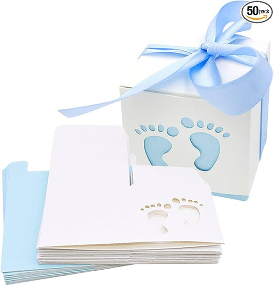 50pcs Baby Shower Party Favor Boxes, 2.4 x 2.4 inch Small Candy Gift Treat Boxes Footprint Design for Kids Birthday Baby Shower Guests Wedding Party Supplies with Ribbon,Blue