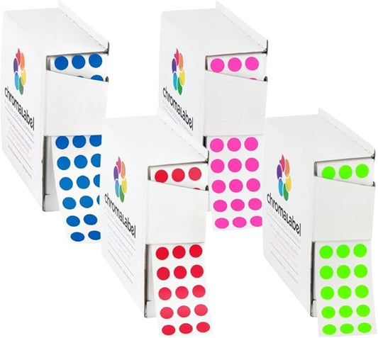 ChromaLabel 1/4 Inch Circle Sticker Labels, Dot Stickers with Dispenser, Adhesive Dot Stickers - 1000 Sticky Dots per Dispenser Box, Fluorescent Green, Red, Fluorescent Pink, and Dark Blue Labels