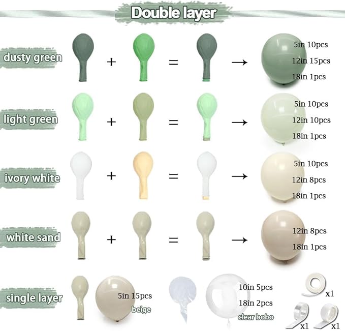 Dusty Green White Balloon Arch Kit Double Stuffed, Sage Mint Green Sand Ivory Boho Balloon Garland with Clear Bobo Latex for Neutral Baby Shower Bridal Wedding Birthday Woodland Party Decoration