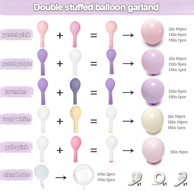 Pastel Pink Purple Balloon Arch Double Stuffed, Light Pink Lavender Lilac Ivory Balloon Garland Kit with Bobo Latex for Baby Shower Bridal Wedding Princess Birthday Mothers Day Party Decoration