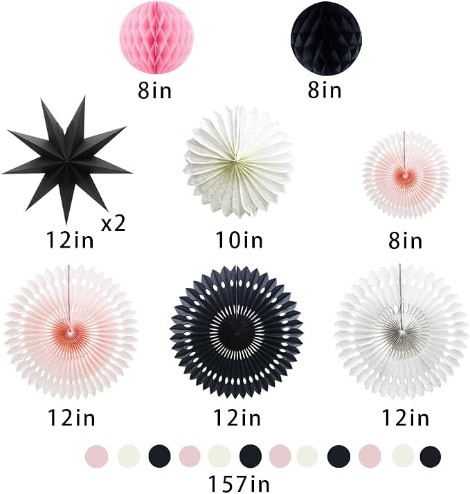 10 Pcs Party Decoration Set, Black Pink White Paper Fans, Honeycomb Balls and Star Lanterns for Halloween, Graduation, Birthday, Baby Shower & Bridal Shower Events
