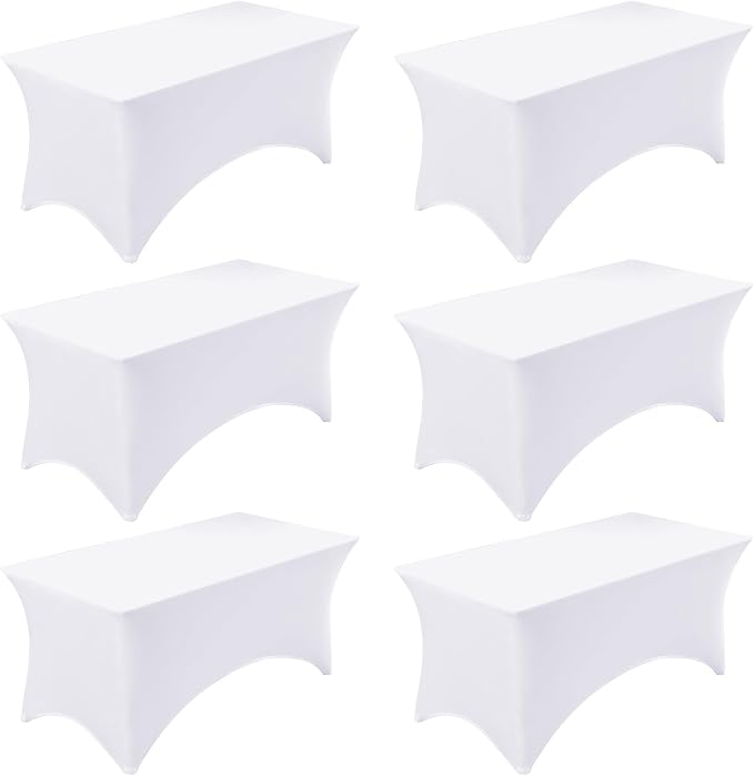 Fixwal 6 Pack 8ft Spandex Table Covers for 8 Foot Tables, Fitted Tablecloths Rectangle Folding Tables, Stretch Rectangular Table Cloths for Wedding, Banquet, Party (White, 96L x 30W x 30H Inch)