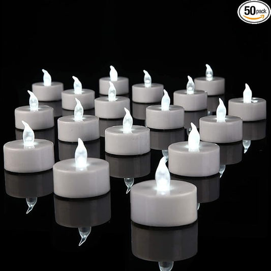 YIWER 50pcs Flameless Tea Lights Candles Realistic LED Flickering Operated Pumkin LED TeaLights Candles Long Lasting Electric Fake Candles Decoration for Party and Gifts Ideas