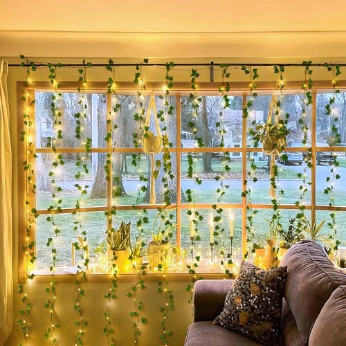 JMEXSUSS Vines Lights for Bedroom, 9.8ft x 9.8ft with Remote, 300 LED Fairy Lights with Vines, Artificial Ivy Curtain Light for Wall Dorm Wedding Indoor Decor (Pack of 2)