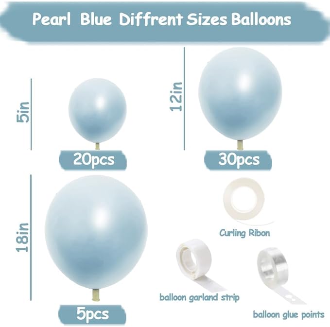 Blue Balloon Garland Double Stuffed Baby Light Blue Balloons Different Sizes 18/12/5in Latex Pearl Balloon Arch for Baby Shower Wedding Winter Wonderland Snow Princess Boy‘s Birthday Party Decorations