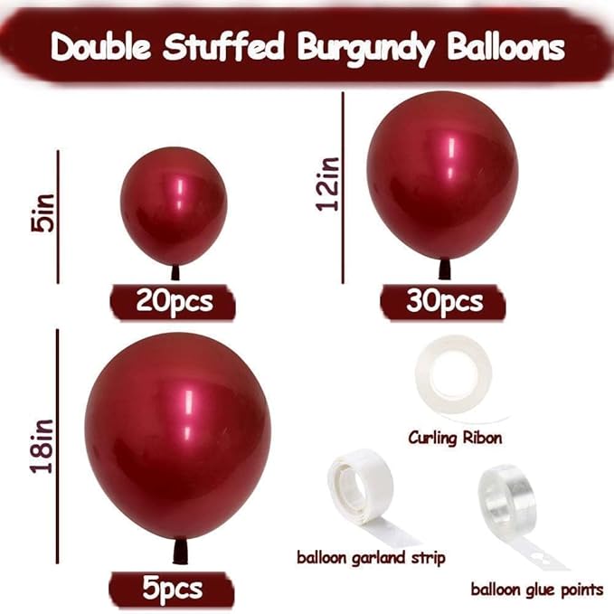 Burgundy Balloons Double Stuffed Red Maroon Balloon Garland Different Sizes 18/12/5in Wine Ruby Red Balloon Arch Kit for Birthday Mother's Day Bridal Wedding Graduation Party Decorations