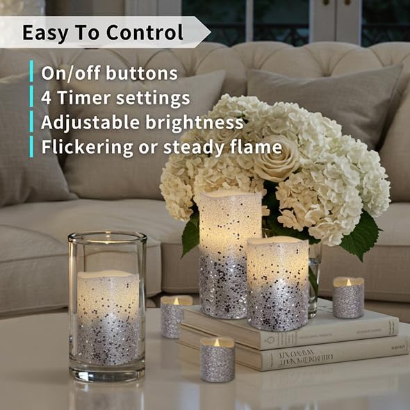 FURORA LIGHTING Silver Glitter LED Candles, 8-Pack Set with Remote & Timer | Includes 4 pillars and 4 votives. Creates a sleek, modern winter metallic ambiance perfect for elegant entertaining.
