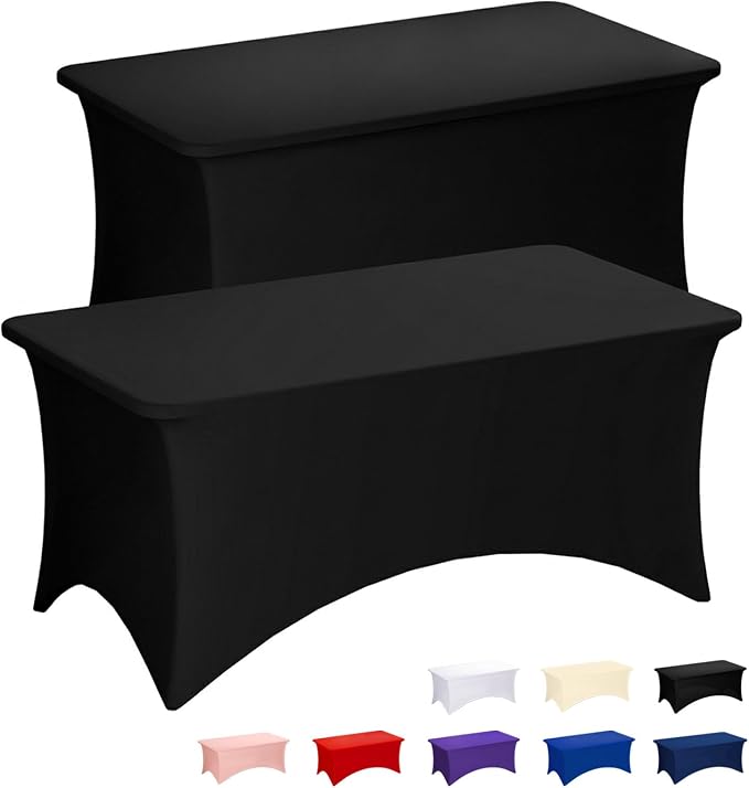 Fixwal Black Stretch Table Cloth Rectangle 2 Pack 4Ft, Spandex Fitted Table Covers Washable for Party, Trade Show, Banquet, Wedding, Buffet