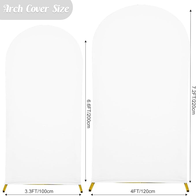 Set of 2 Wedding Arch Cover 2-Sided Round Top Spandex Fitted Arch Backdrop Cover for Birthday Party Baby Shower Wedding Arch Stand Decor（7.2FT, 6.6FT, White）