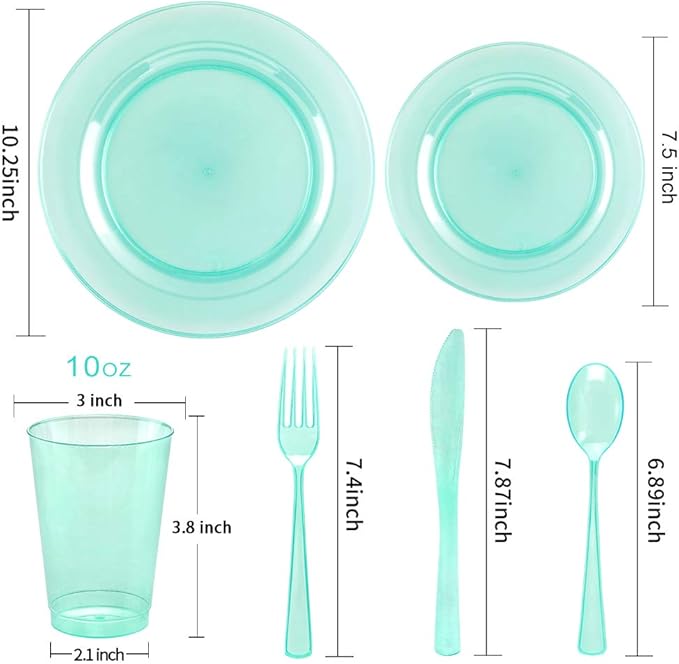 WDF 25 Guest Green Plastic Plates with Disposable Silverware&Green Cups-Neon Clear Plastic Dinnerware include 25 Dinner & Salad Plates,25 Forks, 25 Knives, 25 Spoons,25 Cups for Party
