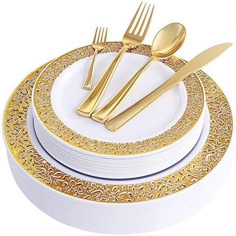 WDF 150PCS Gold Plastic Plates Set - Gold Plates 25Guests Gold Disposable Dinnerware Sets for Wedding Party Birthday
