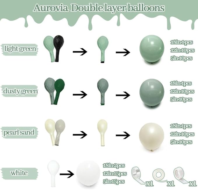 Sage Green White Balloon Garland, Double Stuffed Dusty Green Sand White Pearl Balloons Pastel Balloon Arch Kit for Baby Shower Birthday Bridal Wedding Gender Reveal Graduation Party Decorations