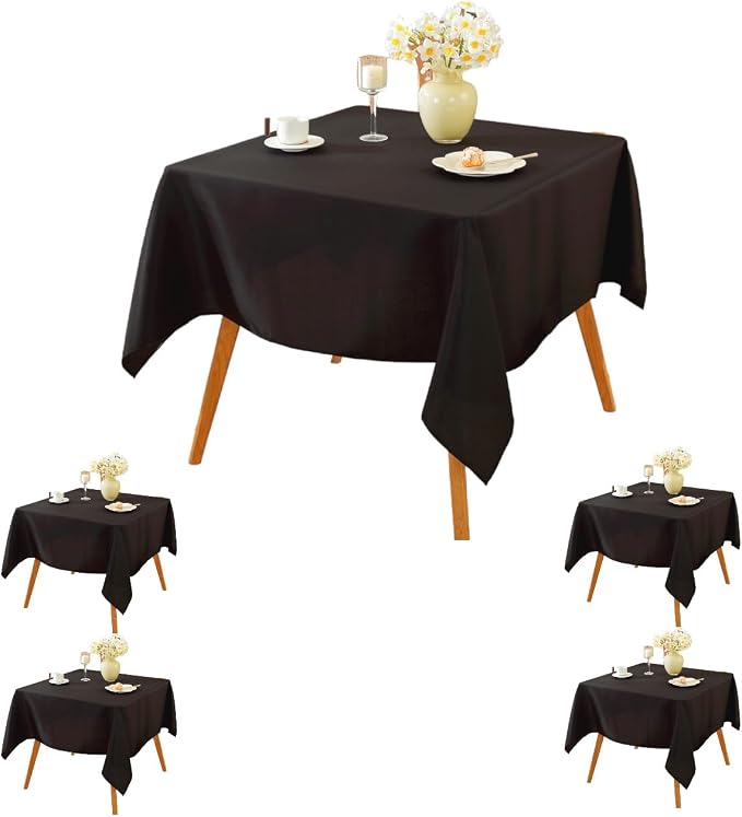 5 Pack Square Tablecloth 70 x 70 Inch Black Tablecloth, Polyester Fabric Washable Table Cloth for Home, Party, Wedding or Restaurant Use.