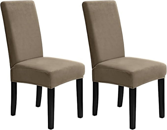 MOSAYT Velvet Stretch Chair Covers for Dining Room Set of 2 - Soft Slipcovers with Thick Removable Fabric for Parsons Chairs, Washable Seat Protectors for Kitchen, Banquet & Home Decor, Taupe