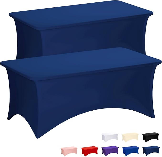 Fixwal Navy Blue Tablecloths for 8 Foot Rectangle Tables, 2 Pack Spandex Stretch Fitted Table Covers for Party, Trade Show, Banquet, Buffet, Graduation