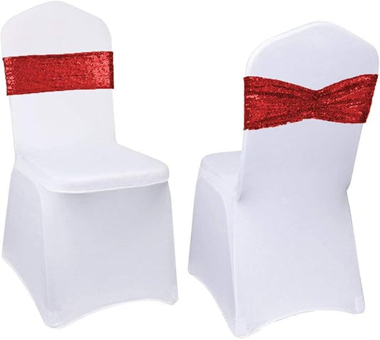 Eternal Beauty Set of 10 Sequin Sashes Bow Red Chair Sashes for Wedding Hotel Party Banquet Chair Decorations