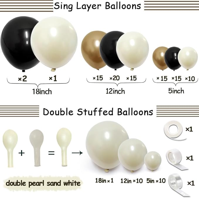 Black White Gold Balloon Garland Double Stuffed, Pearl Sand Champagne Gold Balloons Cream Beige Balloon Arch Kit for Birthday Graduation Wedding Bachelorette Engagement Party Decorations