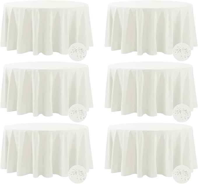 Fokitut 6 Pack Waterproof Round Tablecloth, 108 Inch, Stain Resistant and Wrinkle Polyester Table Cloth, Fabric Table Cover for Kitchen Dining, Wedding, Party, Holiday Dinner-Ivory