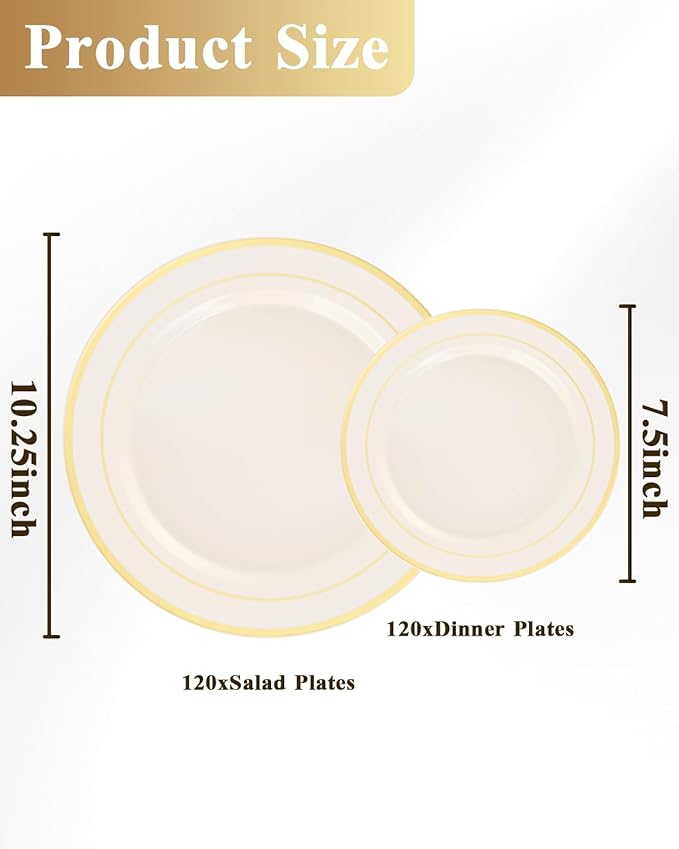 Goodluck 200 PCS Ivory and Gold Plastic Plates, Heavy Duty Disposable Ivory Plates with 100 10.25 inch Dinner Plates and 100 7.5 inch Dessert Plates for Party, Holiday, Wedding