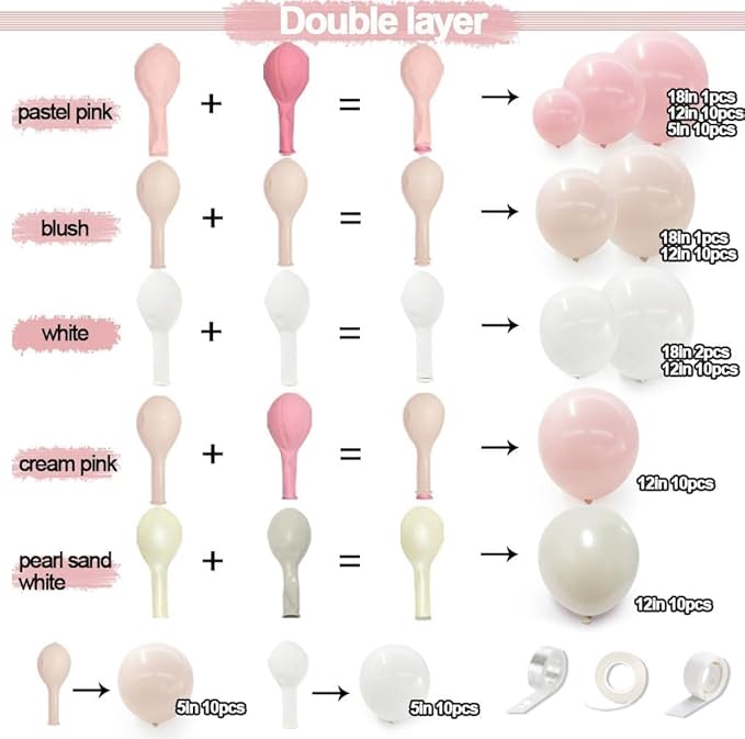 Pink White Balloon Garland Double Stuffed Pink Beige Cream Peach Pastel Balloon Arch Kit Pearl Sand White Balloons for Baby Shower Birthday Wedding Anniversary Party Decoration