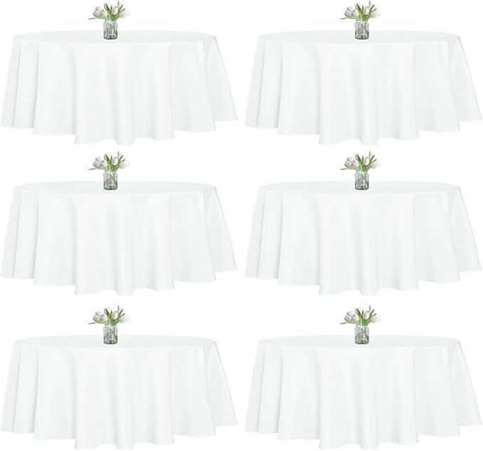 WIGENIUS 6 Pack White Table Cloth Round 90 Inch Polyester Tablecloths, Wrinkle Resisitant Tablecloth for Wedding Buffet Parties and Dining (White, 90 inches Round)