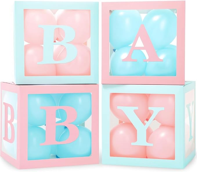 44-Piece Baby Shower Decorations for Boy or Girl - 4 Boxes with Letters and 32 Balloons - Macaron Blue and Pink - Gender Reveal Party Supplies - Complete Decoration Kit