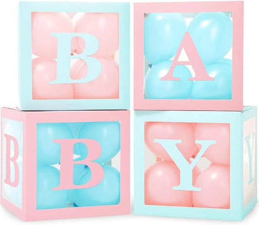 44-Piece Baby Shower Decorations for Boy or Girl - 4 Boxes with Letters and 32 Balloons - Macaron Blue and Pink - Gender Reveal Party Supplies - Complete Decoration Kit