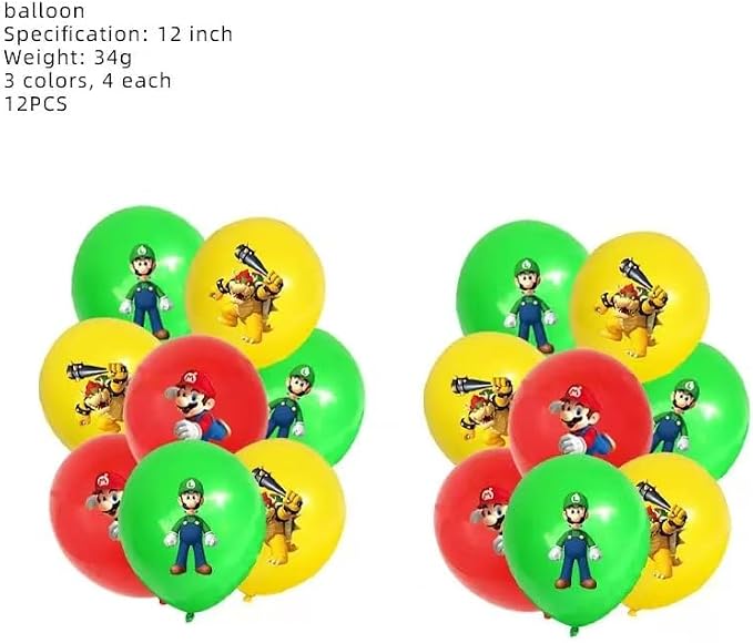 44 Pack Super Brothers Party Supplies Kit Set Include Banner ,Spiral flagpole,Cake Topper,cupcake toppers ,Balloons for Party Decorations (White-9)