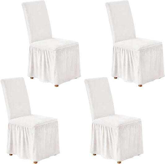 NICEEC Spandex Chair Covers for Dining Chairs Covers Set of 4 Removable Dining Room Chair Covers with Skirt Parson Chair Slipcovers Washable Chair Protector for Kitchen Wedding Party Banquet(White)