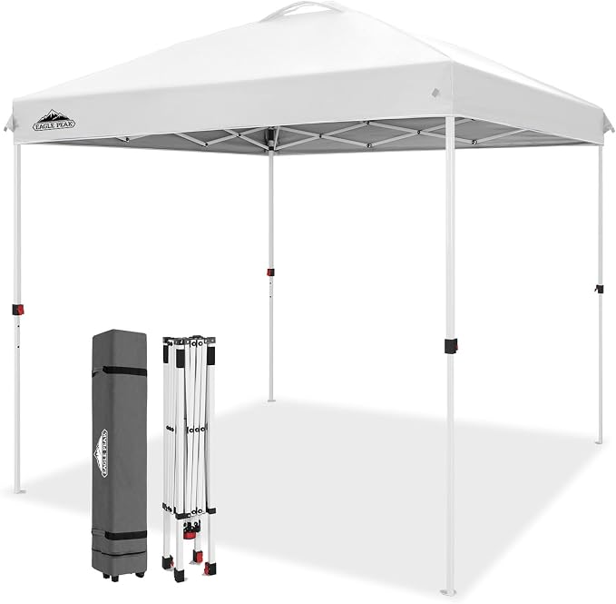 EAGLE PEAK Pop Up Canopy Tent with Wheeled Carry Bag, 8 Stakes, 4 Ropes, Easy Set Up Tent Canopy, 8x8 ft, White